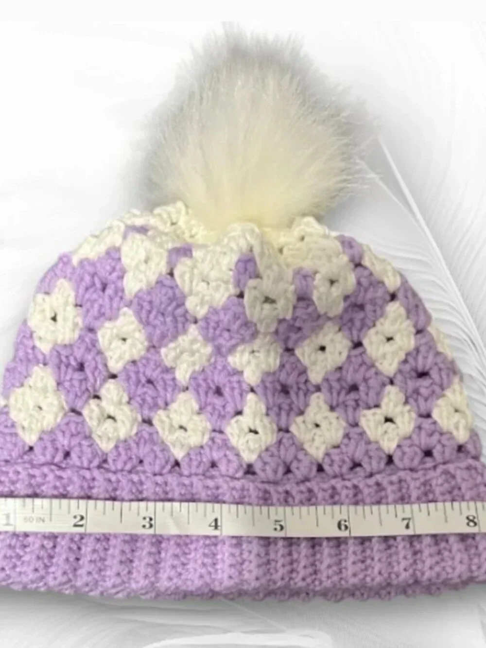 Handmade Crochet Hat for Girls 10–14 Lilac & White Winter Beanie with Pom Pom